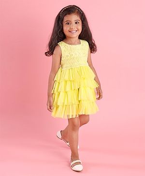 Babyhug Sleeveless Party Wear Frock With Lace - Yellow