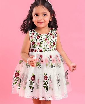 Babyhug Sleeveless Embroidered Party Frock - White