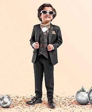 Babyhug Full Sleeves Party Wear Suit with Waistcoat & Bow - Black
