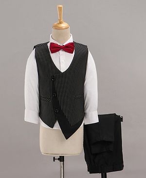 Babyhug Full Sleeves Striped Party Suit with Bow Tie - Black