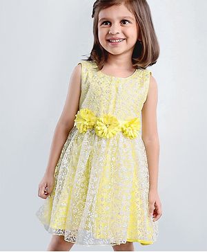 Babyhug Sleeveless Party Wear Frock Floral Embroidered - Yellow