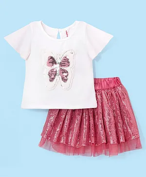 Babyhug Polyester Woven Half Sleeves Sequinned Top & Skirt Set - Pink
