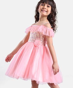 Babyhug Mesh Sleeveless Sequinned Frock - Pink