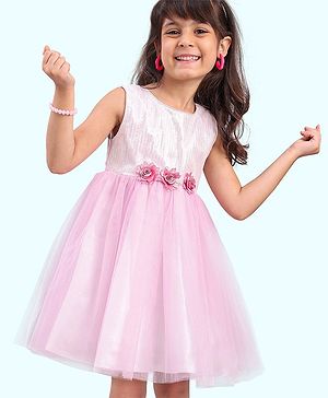 Babyhug Sleeveless Party Wear Frock With Sequin & Flower Applique - Rose