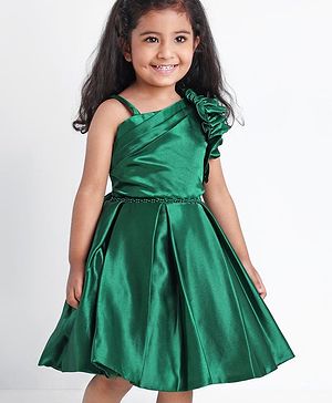 Babyhug Sleeveless Party Wear Pleated Frock Ruffle Detailing - Green