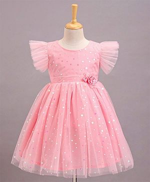 Babyhug Frill Sleeves Party Wear Mesh Frock With Sequin Detailing & Floral Corsage- Peach