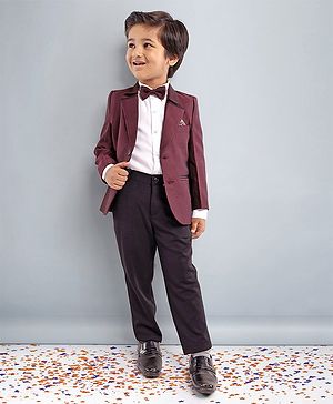 Babyhug Full Sleeves 3 Piece Party Suit With Bow - Maroon