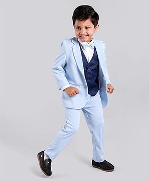 Babyhug Full Sleeves Stretch Fit Party Suit With Waist Coat & Bow - Blue