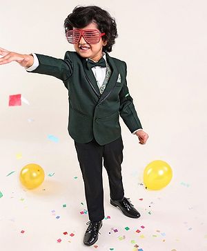 Babyhug Full Sleeves Stretch Fit Party Suit With Waist Coat & Bow - Green & Black