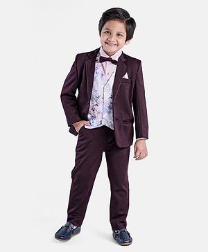 Babyhug Full Sleeves 5 Piece Stretch Fit Party Suit With Waist Coat & Bow - Maroon