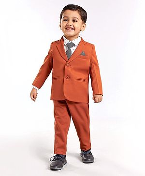 Babyhug Full Sleeves Stretch Fit Party Suit With Tie - Rust