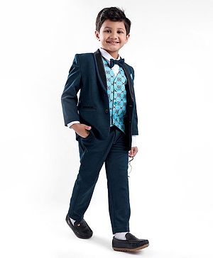 Babyhug Full Sleeves 4 Pieces Party Suit With Bow - Blue