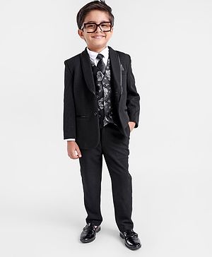 Babyhug Full Sleeves Stretch Fit Blazer & Pant With Floral Jacquard Waist Coat - Black