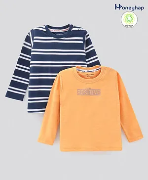 Honeyhap Premium Cotton Full Sleeves Bio Washed Striped & Printed T-Shirts Pack of 2 - Blue & Orange