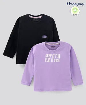 Honeyhap 100% Cotton Full Sleeves Bio Washed T-Shirts Text Print Pack of 2 - Purple Black