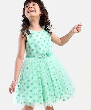 Babyhug Sleeveless Party Frock Glitter Print with Corsage - Sea Green