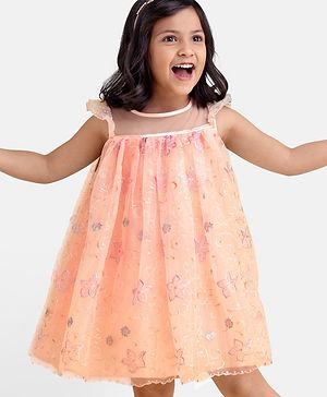 Babyhug Cap Sleeves Knee Length Party Frock Embroidered - Peach