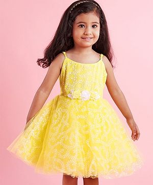 Babyhug Sleeveless Glitter Printed Party Frock - Yellow