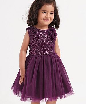 Babyhug Sleeveless Party Frock with Sequins & Corsage - Purple