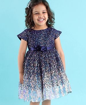 Babyhug Cap Sleeves All Over Sequinned Party Frock - Navy