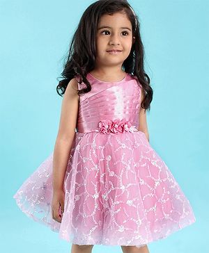Babyhug Mesh Sleeveless  Embroidered Frock - Pink