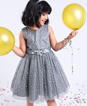 Babyhug Mesh Sleeveless Glitters Polka Dots Printed Frock - Grey