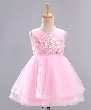 Babyhug Mesh Sleeveless Glittery Butterfly Printed Frock - Pink