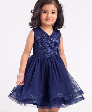Babyhug Mesh Sleeveless Floral Embroidery Frock - Navy