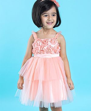 Babyhug Sleeveless Party Wear Tulle Frock With Roses Applique- Peach