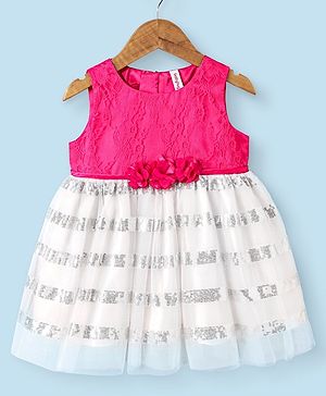 Babyhug Sleeveless Floral Embroidered Sequinned Party Dress with Corsage - White & Pink