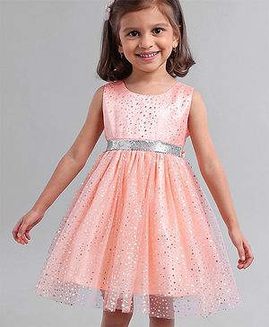 Babyhug Sleeveless Party Wear Frock With Glitter Print - Peach