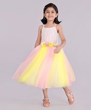 Babyhug Sleeveless Sequinned Party Wear Frock With Flower Applique - Pink