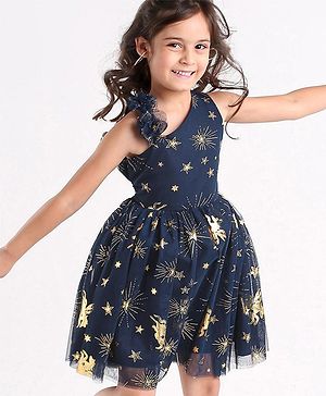 Babyhug Sleeveless Foil Detailing Party Frock - Navy
