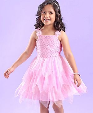 Babyhug Sleeveless Party Wear Frock Floral Embroidery & Glitter Print- Light Pink