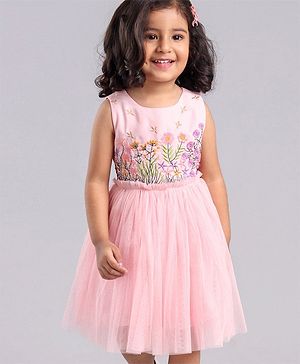 Babyhug Sleeveless Party Frock with Floral Embroidery - Light Pink