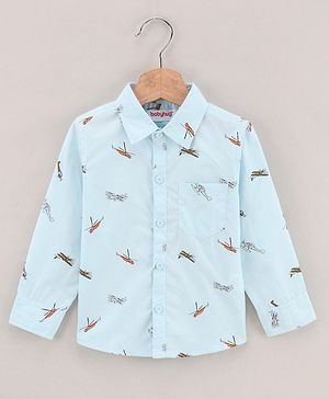 Babyhug Full Sleeves Party Shirt With Bow & Suspender Helicopter Print - Light Blue