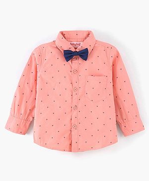 Babyhug Full Sleeves Party Wear Shirt With Bow Trophy Print - Peach
