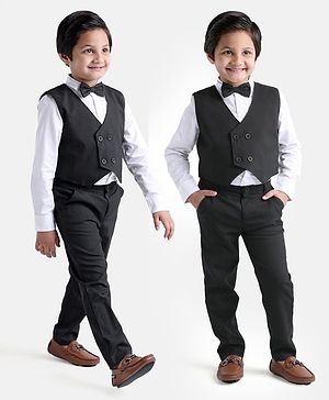 Babyhug WovenCotton Full Sleeves Shirt & Trousers With Waistcoat & Bow - Black
