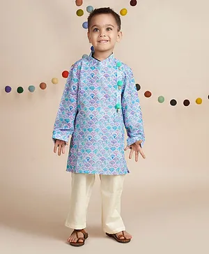 Nino by Vani Mehta Full Sleeves Scallops Print Kurta With Solid Pyjama - Blue
