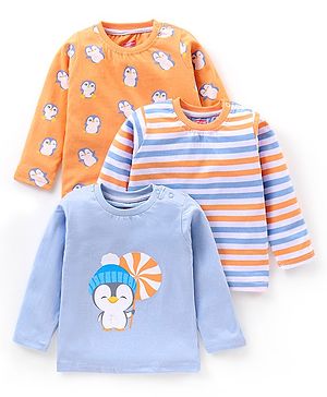Babyhug Full Sleeves T-Shirt Penguin Print Pack of 3 - Orange & Blue