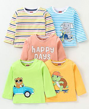 Babyhug Cotton Full Sleeves T-Shirt Striped Pack of 5 - Green & Blue