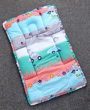 Babyhug Cotton Fix Pillow Mat With Car Print - Blue| Soft and Comfortable|  Light Weight and Travel Friendly| Foldable| New Born Gifting Option| For Boys and Girls| Use on Floor Cribs Cots or Cradle| 100% Cotton Fabric
