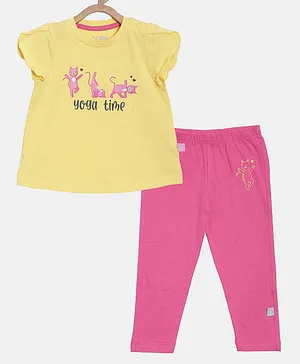 Aomi Cap Sleeves Cat & Yoga Time Text Printed Tee With Leggings - Yellow