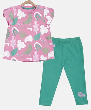 Aomi Cap Sleeves Coral Themed Rainbow Printed Tee With Leggings - Pink