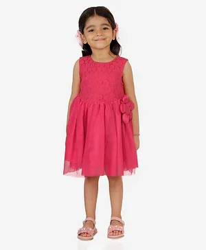 KIDSDEW Sleeveless Lace Design 3D Applique Dress - Pink