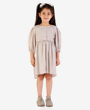 KIDSDEW Three Fourth Sleeves Pleated Buttoned Dress - Grey