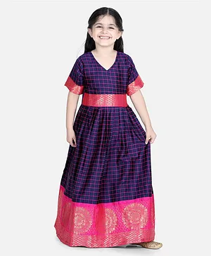 BownBee Half Sleeves Striped Motif Design Silk South Indian Gown For Girls - Purple