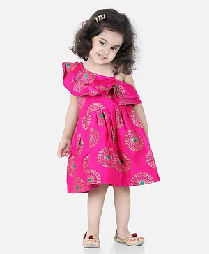 BownBee One Shoulder Cap Sleeves Frill Detail Floral Printed Dress - Pink