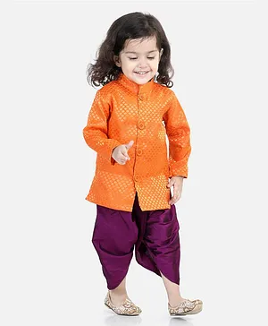 BownBee Full Sleeves Jacquard Detailed Sherwani With Dhoti - Orange