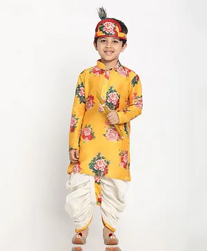 Vastramay Full Sleeves Vintage Floral Printed Kurta With Dhoti - Yellow